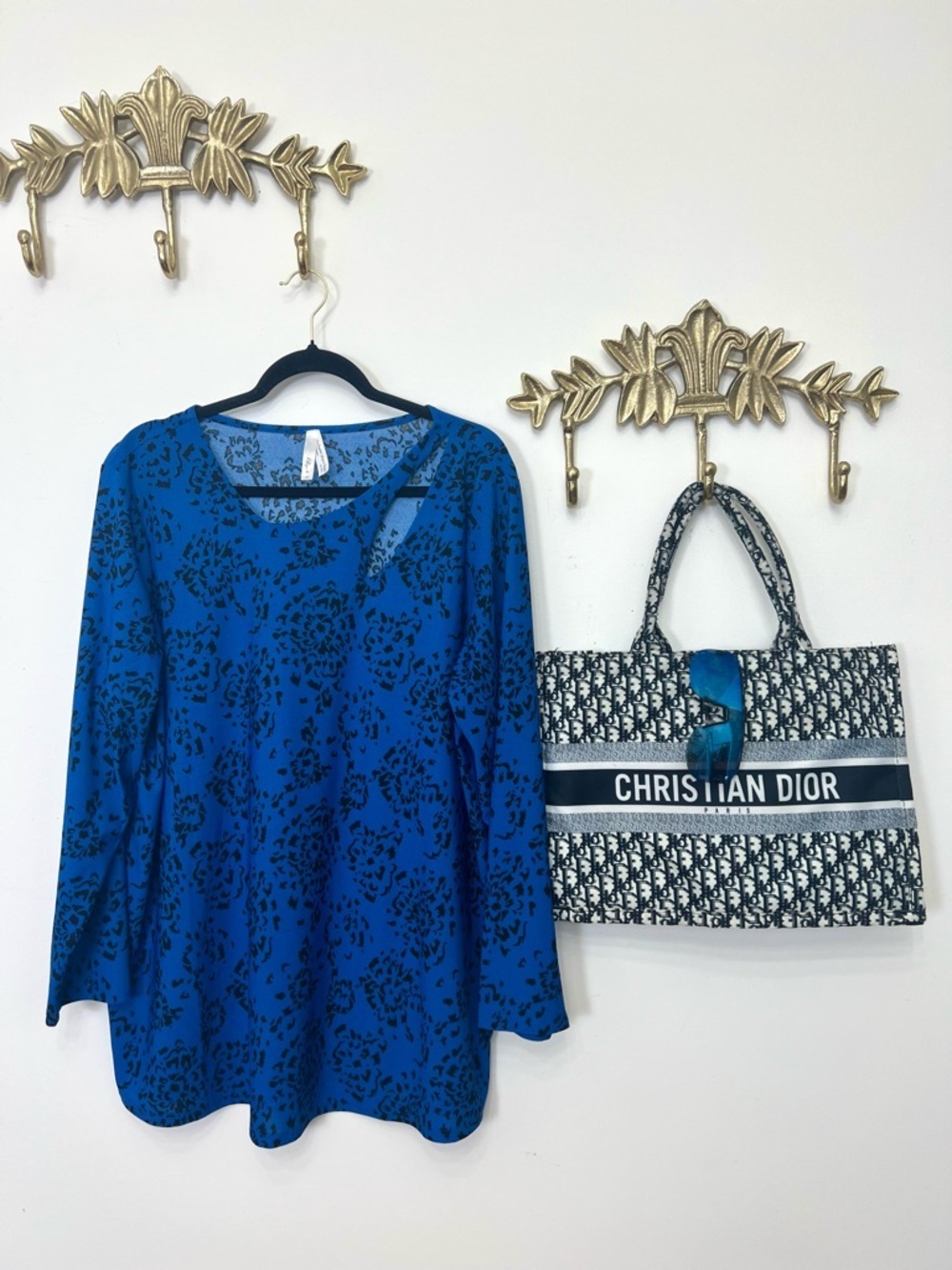 Royal Blue Long Sleeve Tunic with Black Floral Print